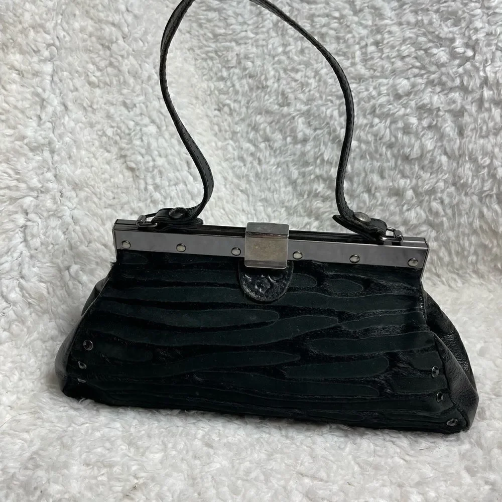 Patricia Nash Black leather & calf hair zebra Stripes silver tone frame Satchel